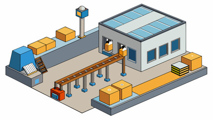 Poster - A production facility with a warehouse for storing materials a manufacturing area with large machines and a packaging area with conveyor belts. The. Cartoon Vector