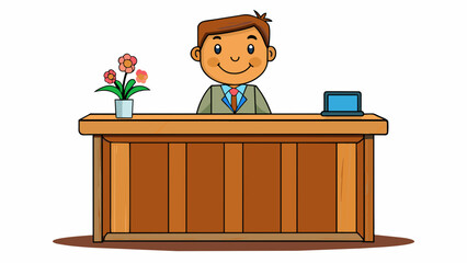 Aufkleber - A reception desk is located at the entrance of a building with a large counter and a friendly staff member waiting to greet visitors. The desk is made. Cartoon Vector