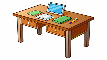 Fototapete - A rectangular desk with four smooth wooden legs and a polished surface. On top there is a stack of papers a pencil holder and a computer monitor. The. Cartoon Vector