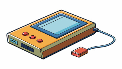 Poster - A rectangular device with a screen on one side buttons on the other and a thin cord connected to a small black box.. Cartoon Vector