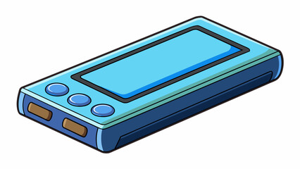 Poster - A rectangular electronic device with a glossy black screen and a row of buttons on one side. It emits a soft blue light and produces sound when. Cartoon Vector