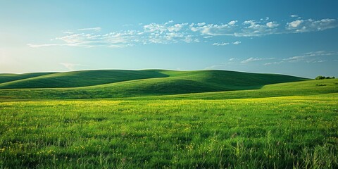 Wall Mural - Green rolling hills under blue sky with white clouds