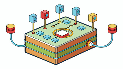 Fototapete - A rectangular box with multiple ports and cables which connects various devices together and allows them to share data and resources through a wired. Cartoon Vector