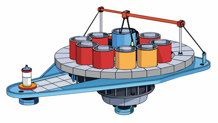 Aufkleber - A rotating metal platform with a series of small cups attached to it moving in a circular motion and transporting containers filled with liquid from a. Cartoon Vector