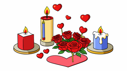 Fototapete - A romantic atmosphere is set with flickering candlelight a bouquet of red roses and soft instrumental music playing in the background. The objects are. Cartoon Vector