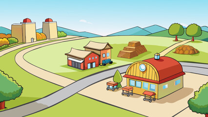 Aufkleber - A rural town surrounded by vast farmlands and rolling hills. The main street is quiet with oldfashioned storefronts and a small town diner. The smell. Cartoon Vector