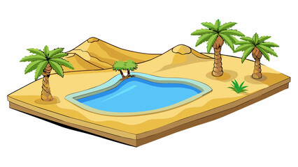 Fototapete - A remote desert oasis with sand dunes for miles and a lone palm tree standing tall against the bright blue sky. The palm tree provides shade for a. Cartoon Vector