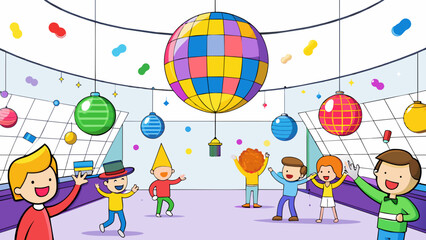 Poster - A room filled with colorful balloons hanging banners and a disco ball with people dancing and laughing as music plays in the background.. Cartoon Vector