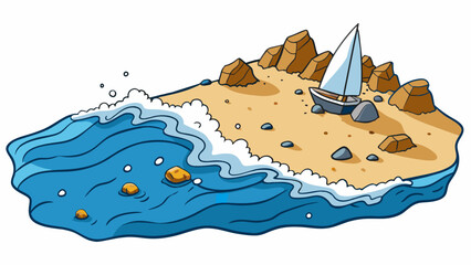 Poster - A rocky beach with crashing waves and a wide expanse of deep blue sea. The sand is warm and speckled with tiny seashells and the air is salty and. Cartoon Vector