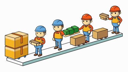 Poster - A row of workers stationed at workstations each with a different task such as soldering welding or painting. The finished products move down the line. Cartoon Vector