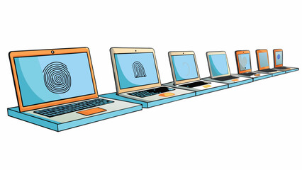 Poster - A row of laptops all in different models and sizes with each one powered off and displayed on a shelf. Some have fingerprints and dust on their. Cartoon Vector