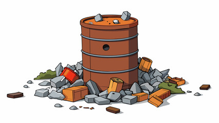 Poster - A rusted old metal barrel filled with broken glass rusted cans and piles of cigarette butts. The items inside are sharp jagged and covered in dirt and. Cartoon Vector