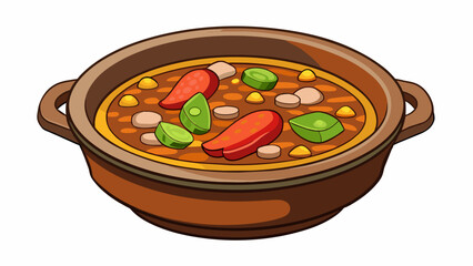 Poster - A rustic soup rustic and hearty with earthy brown lentils tender chunks of sausage and colorful chunks of root vegetables. The broth has a deep golden. Cartoon Vector