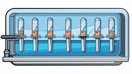 Poster - A row of shiny metal surgical instruments submerged in a clear liquid inside a stainless steel autoclave machine. The machines temperature and. Cartoon Vector