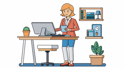 Poster - A secretary is a person sitting at a standing desk typing on a laptop and checking files on a tablet. The desk has adjustable shelves for different. Cartoon Vector