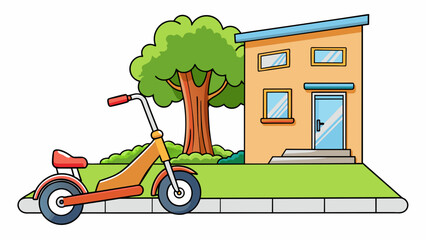 Fototapete - A scd up bicycle with training wheels propped up against a tree in a suburban driveway.. Cartoon Vector