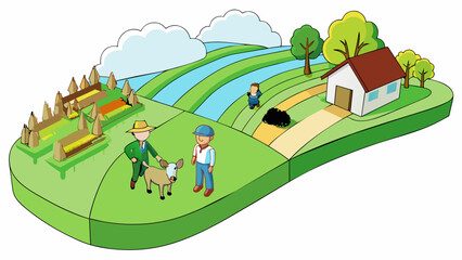 Poster - A serene agricultural sector with vast fields of green crops swaying in the gentle breeze. Farmers are hard at work tending to their crops and animals. Cartoon Vector