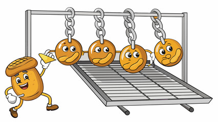 Poster - A series of interlinked chains with metal hooks moving in a synchronized motion transporting freshly baked loaves of bread from an oven to a cooling. Cartoon Vector