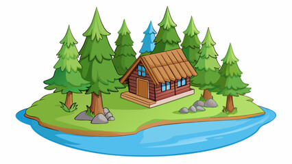 Aufkleber - A secluded lake tucked away in a lush forest with towering pine trees surrounding its banks. The water is calm and still with only the occasional. Cartoon Vector