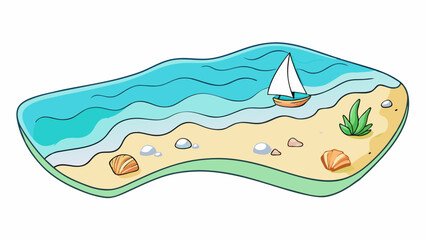 Sticker - A seascape painting of a beach with tranquil bluegreen waters and a sandy shore dotted with seashells and pebbles. The sky is a mix of soft pastel. Cartoon Vector