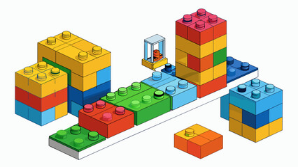Aufkleber - A set of colorful plastic building blocks being manufactured through injection molding. The blocks uniform size and shape are achieved through the use. Cartoon Vector