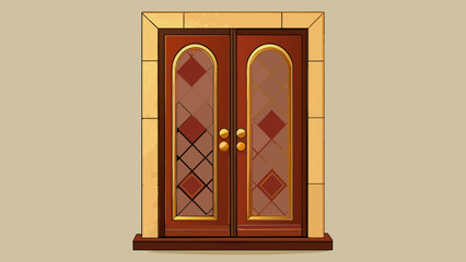 Poster - A set of double doors stands at the entrance their rich mahogany color contrasting with the light beige walls. Golden doors adorned with intricate. Cartoon Vector