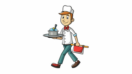 Poster - A server at a restaurant walking between tables while carrying a tray of food with plates and lery. The tray is made of lightweight but sy metal while. Cartoon Vector