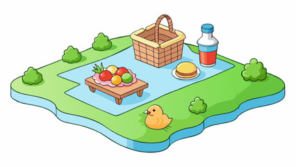 Aufkleber - A simple picnic in the park with a checkered blanket spread out on the grass. A wicker basket filled with sandwiches fruit and a thermos of lemonade. Cartoon Vector