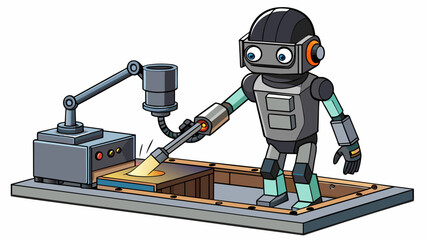 Poster - A sleek black and silver robot with a long slim body and a spherical head performing soldering and welding tasks in a manufacturing plant. Its. Cartoon Vector