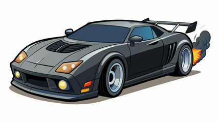 Fototapete - A sleek black sports car with a powerful engine that roars as it speeds down the road. The interior is fitted with leather seats and a highend sound. Cartoon Vector