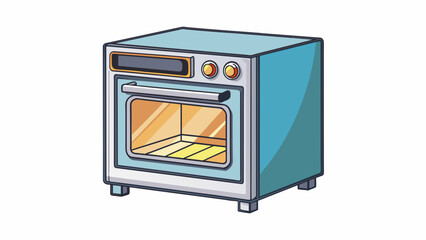 Poster - A small oven was made of stainless steel and had a compact design. It had a front facing glass door and inside there was a revolving turntable shelf.. Cartoon Vector
