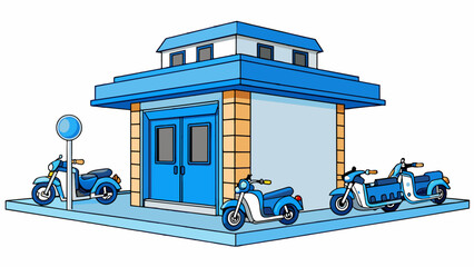 Wall Mural - A small police station with a blue and white sign out front with a few parked police motorcycles and bicycles.. Cartoon Vector