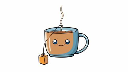 Poster - A small round tea bag with a string attached is steeping in a mug of hot water. As the water turns a deep brown the comforting aroma of chamomile and. Cartoon Vector