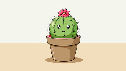 Poster - A small potted cactus sitting on a shelf in a dry desert environment. Its thick spiky arms are covered in small white spikes with a few larger needles. Cartoon Vector