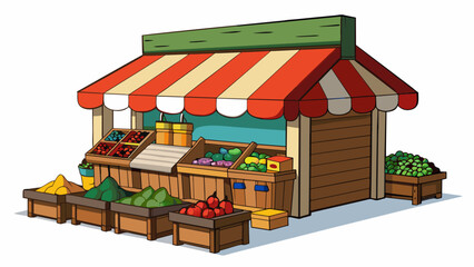 Poster - A small neighborhood market with a quaint rustic exterior. Inside there are wooden crates stacked high with fresh locallysourced produce as well as. Cartoon Vector