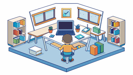 Fototapete - A small room with only a few desks and chairs each occupied by a student and their personal laptop. The walls are lined with shelves filled with. Cartoon Vector