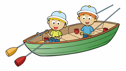 Fototapete - A small rowboat gliding over a peaceful lake two friends sitting with their feet dangling over the edge each holding a simple fishing pole. The poles. Cartoon Vector