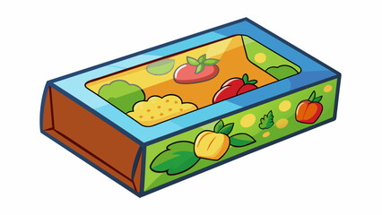 Fototapete - A small rectangular cardboard box with a flap lid featuring colorful graphics of fruits and vegetables on all sides. The box is sy and lightweight. Cartoon Vector