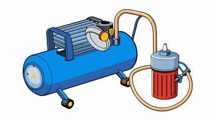 Poster - A small rectangularshaped compressor sits on top of a silver air tank with a short black hose attached to the side. The tank has a pressure gauge and. Cartoon Vector