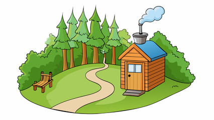 Poster - A small shed tucked away in a secluded forest with a winding path leading up to it. Inside a woodburning stove radiates heat onto a large pot filled. Cartoon Vector