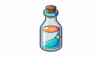 Aufkleber - A sparkling transparent liquid contained in a cylindrical glass bottle with a metal cap on top and a colorful label.. Cartoon Vector