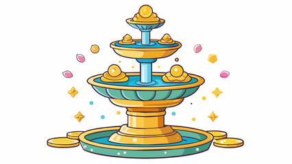 Poster - A sparkling fountain with water cascading down tiers of ornate bowls adorned with gleaming coins and jewels. The sound of trickling water and the. Cartoon Vector