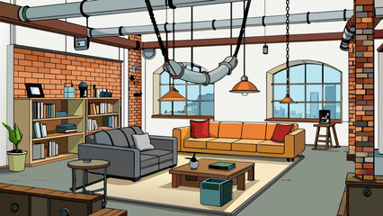 Sticker - A spacious loft apartment with industrial elements such as exposed pipes and brick walls. A large leather sectional is paired with a reclaimed wood. Cartoon Vector