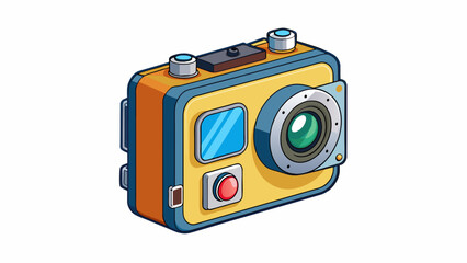 Fototapete - A sports action camera with a compact rugged body and a waterproof case. The camera has a wideangle lens and a small screen on the back as well as. Cartoon Vector