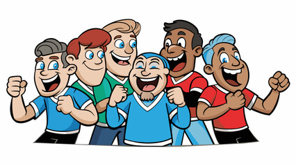 Poster - A sports team huddled together their fists in the center as they cheer and pump each other up before a big game. They are united in their enthusiasm. Cartoon Vector