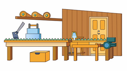 Poster - As soon as you enter the workshop the strong scent of freshly wood fills your nose. Along one wall there is a row of saws of all sizes including a. Cartoon Vector