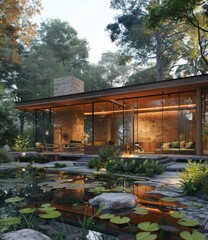 Sticker - Modern house in the woods with a pond in front