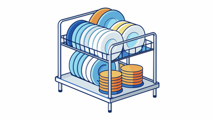 Poster - A stack of clean dishes on a drying rack symbolizing the responsibility of cleaning up after oneself and keeping the kitchen or dining area tidy.. Cartoon Vector