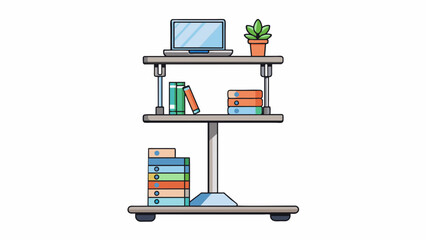 Poster - A standing desk made of metal with a lever on the side to adjust the height. The surface has a nonslip texture and there are several shelves attached. Cartoon Vector
