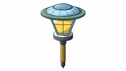 Poster - A solarpowered garden light with a stake for easy installation. It has a glass globe with a metal frame and a small solar panel on top. The light. Cartoon Vector